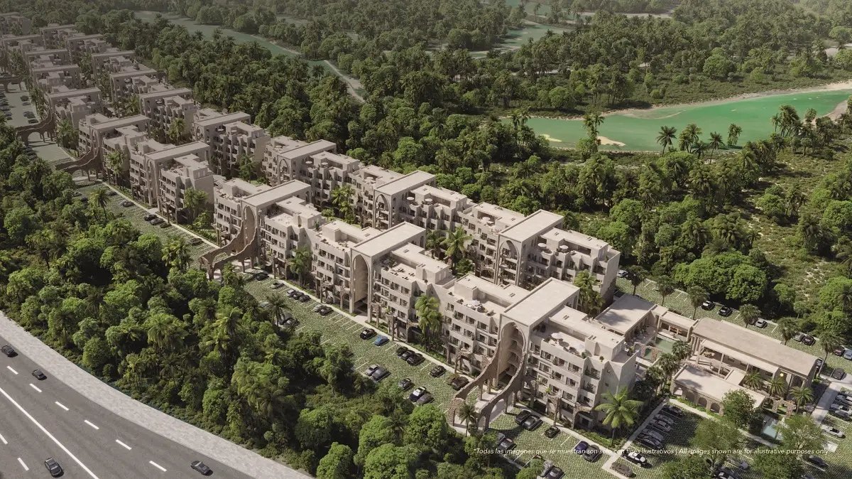 Aerial rendering of Poseidonia in Cana Bay, between the highway and the golf fairways — the public beach at Macao lies about 4.7 miles north.