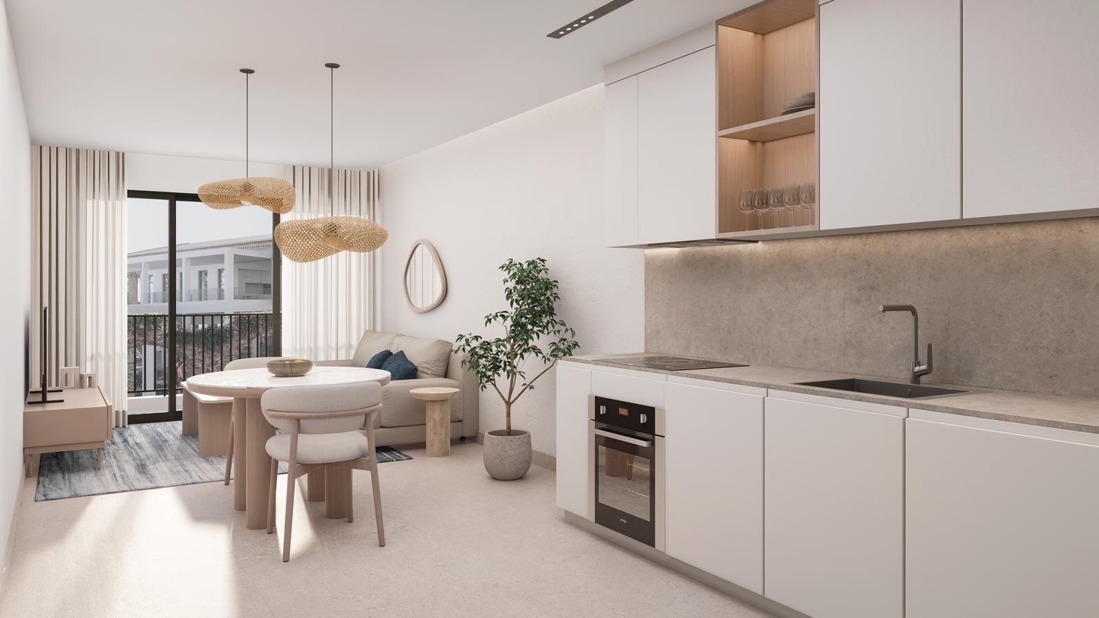 Rendering of a galley kitchen and round dining table by the balcony of a one-bedroom Poseidonia residence; one-bedrooms start at 527 sq ft.
