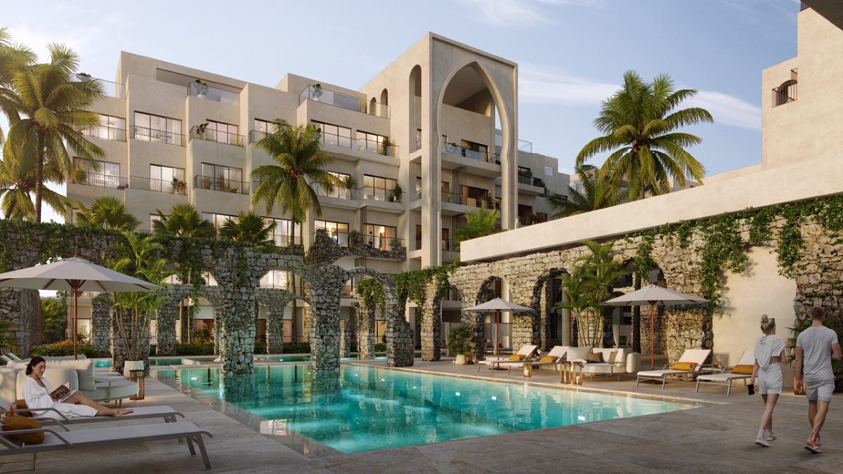 Rendering of Poseidonia in Cana Bay — an unbuilt development of 1,319 residences, delivery scheduled for 2028, and the address these everyday errands are run from.