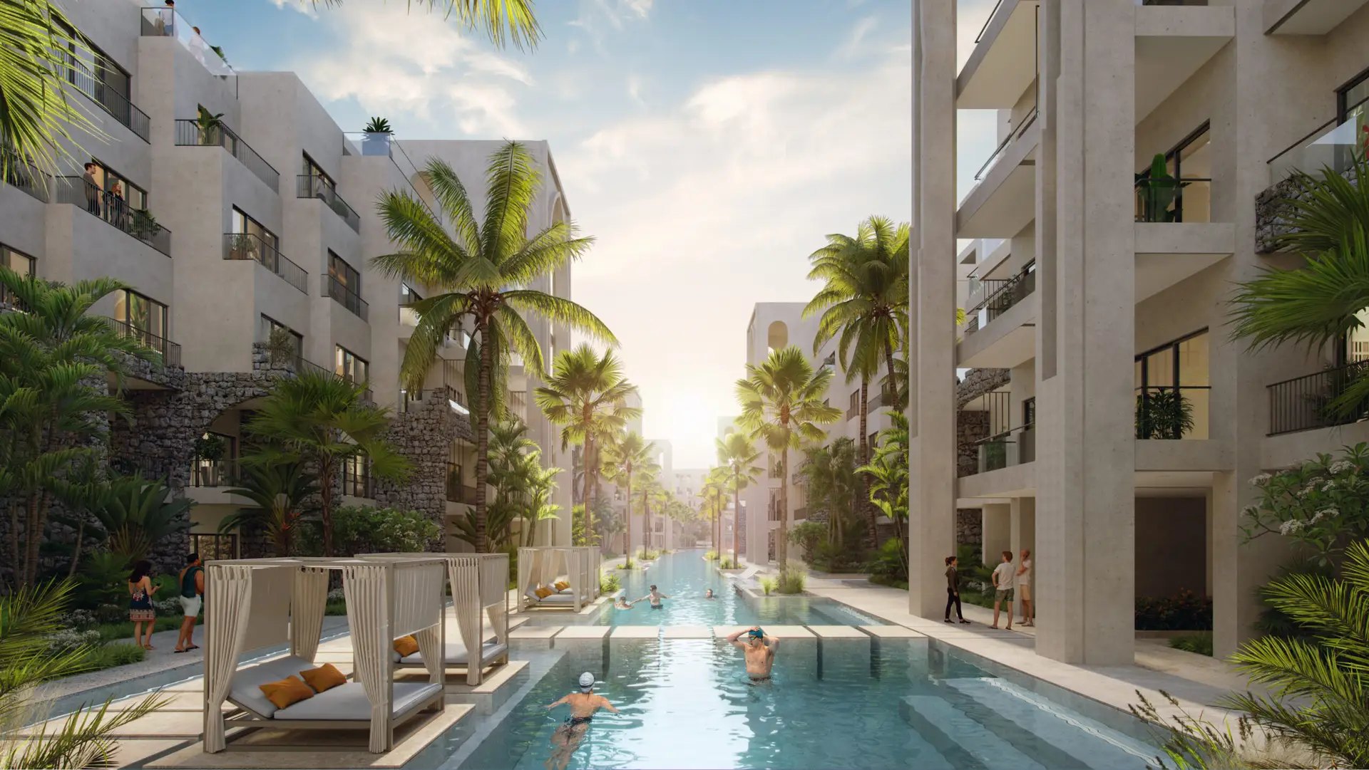 Rendering of a long courtyard pool at Poseidonia at sunset, lined with daybeds and palms; the development plans 20+ pools inside the Cana Bay community.