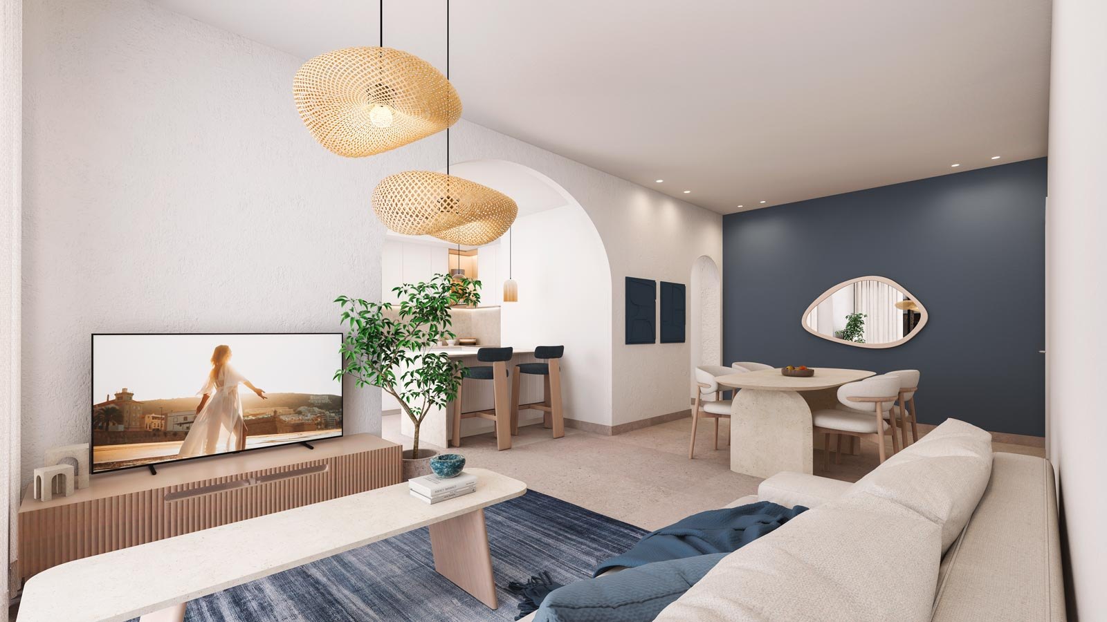Rendering of a furnished living-dining room at Poseidonia in Cana Bay: a media console beside the sofa and a small dining table; delivery projected for 2028.
