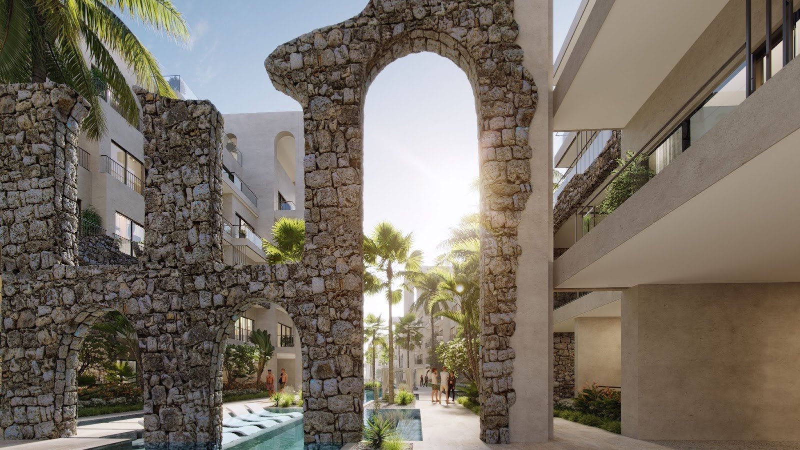 Rendering of a pointed limestone arch framing the pool walk at Poseidonia, a development of 1,319 residences in Cana Bay; not a photograph.