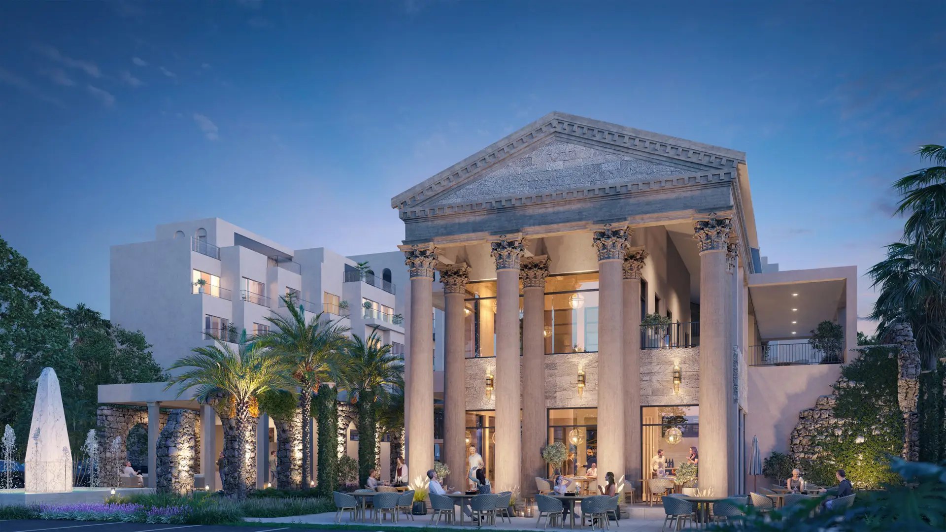 Rendering, not a photograph, of the temple-fronted clubhouse at Poseidonia at dusk, the shared heart of 1,319 residences in gated Cana Bay.